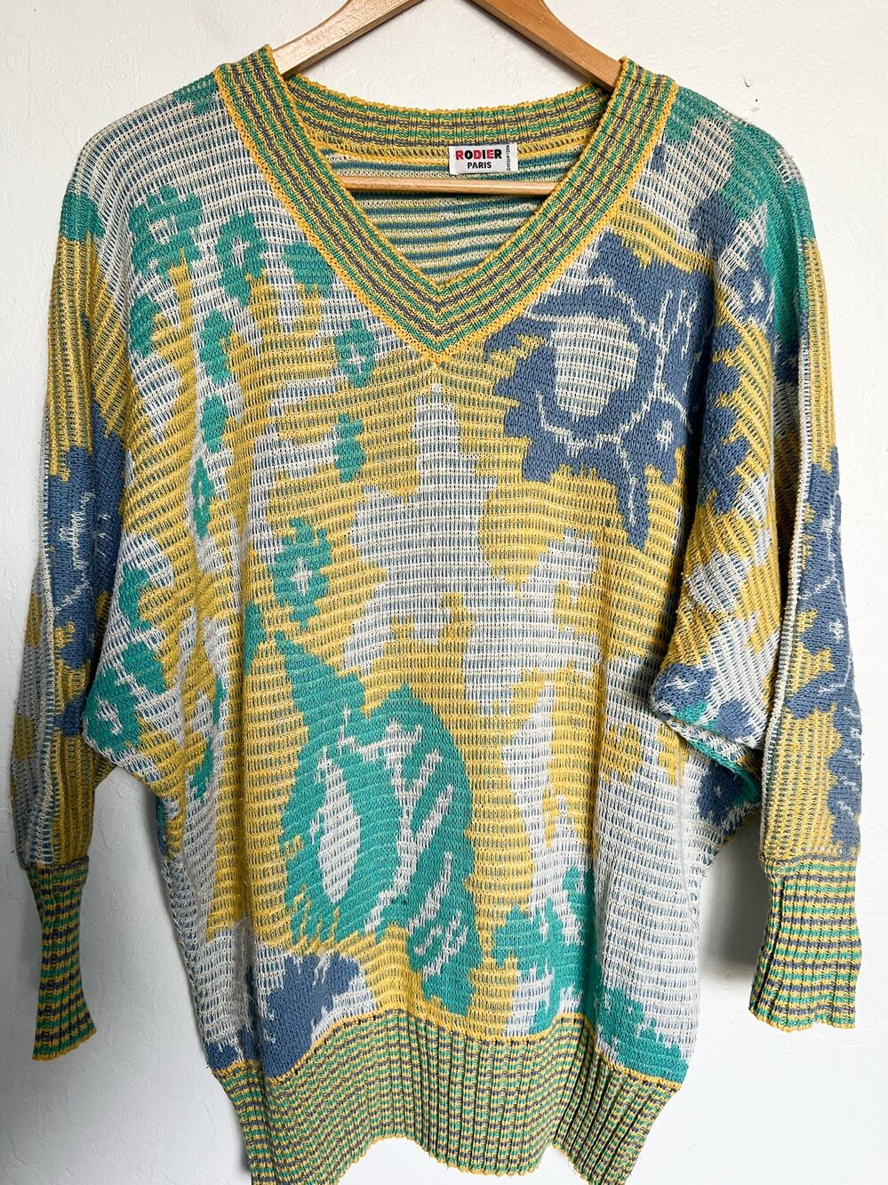 Vtg Rodier Paris Knit Sweater Med V Neck Floral 90's Yellow Blue Retro Batwing